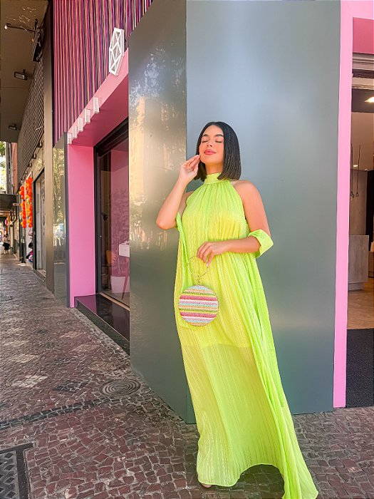 VESTIDO LONGO CHIFFON FRENTE ÚNICA LISTRA GLITTER COM FAIXA VERDE