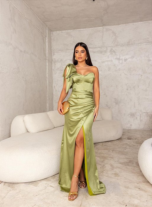 VESTIDO LONGO TRILOBAL  CORPETE UM OMBRO SÓ C/LAÇO E FENDA VERDE OLIVA JM