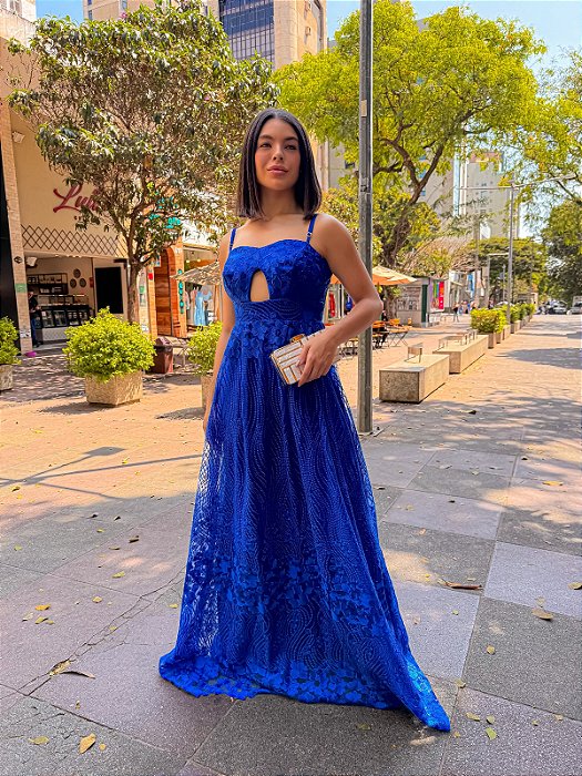 VESTIDO LONGO RENDADO ALCINHA RECORTE NO BUSTO AZUL ROYAL