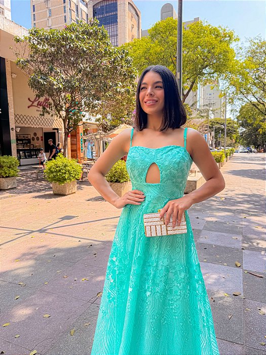 VESTIDO LONGO RENDADO ALCINHA RECORTE NO BUSTO VERDE TIFFANY