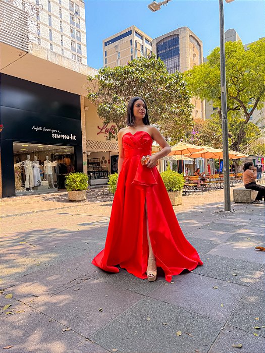 VESTIDO LONGO ZIBELINE TOMARA QUE CAIA MEIA FAIXA LATERAL FENDA LARANJA