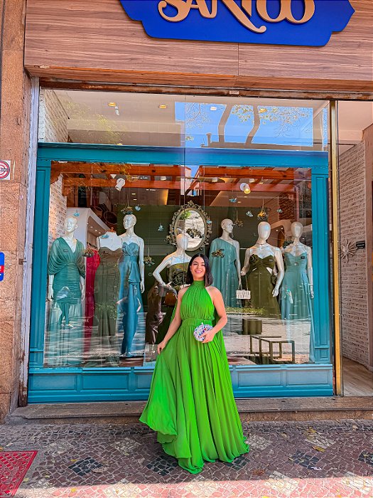 VESTIDO LONGO CHIFFON GOLA ALTA COM CAPA VERDE SHE