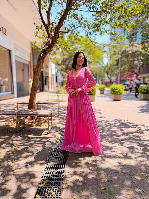 VESTIDO LONGO LUREX MANGA COMPRIDA DECOTE V COM TULE CINTURA DRAPEADA E VAZADA PINK