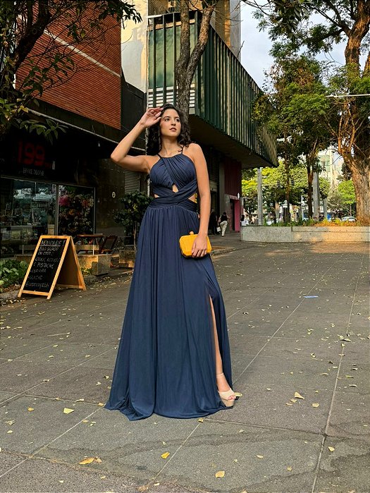 VESTIDO LONGO MICROTULE FRENTE UNICA DECOTE CINTURA TRANSPASSADO FENDA LATERAL AZUL MARINHO