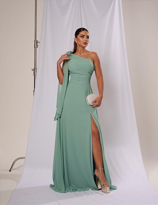 VESTIDO CREPE DE SEDA UM OMBRO DRAPEADO COM FLOR E CAPA VERDE TIFFANY