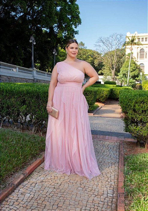 VESTIDO LONGO MICROTULE UM OMBRO SÓ COM DETALHE DRAPEADO NA CINTURA SAIA BABADO VERTICAL ROSE