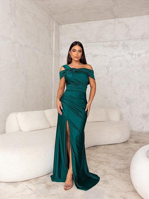 VESTIDO LONGO JERSEY COM ELASTANO UM OMBRO SÓ FENDA LATERAL VERDE ESMERALDA
