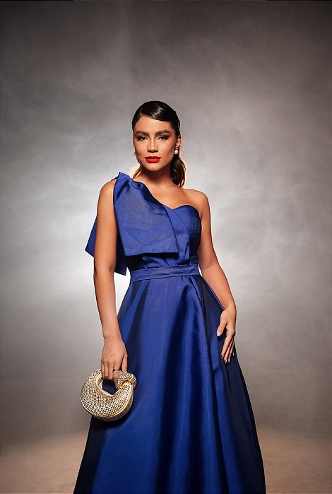 VESTIDO LONGO ZIBELINE UM OMBRO SÓ C/LAÇO REMOVÍVEL CINTO FENDA LATERAL  AZUL MARINHO