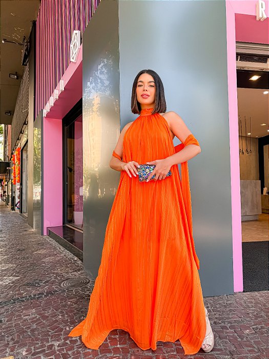 VESTIDO LONGO CHIFFON FRENTE ÚNICA LISTRA GLITTER COM FAIXA LARANJA