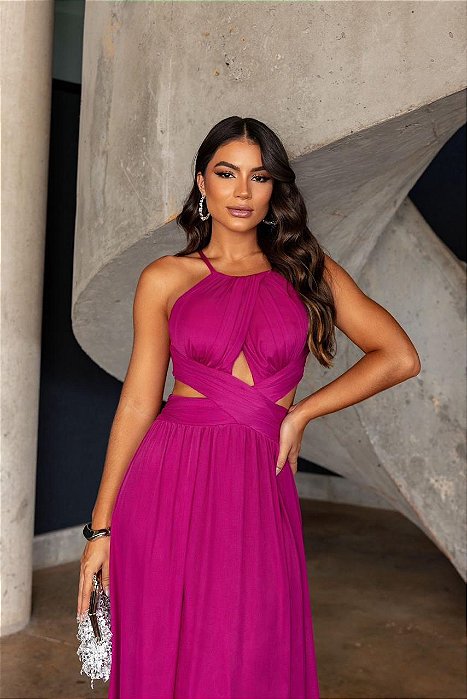 VESTIDO LONGO MICROTULE FRENTE UNICA DECOTE CINTURA TRANSPASSADO FENDA LATERAL PINK