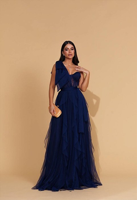VESTIDO LONGO MICROTULE UM OMBRO SÓ ESTILO CORPET BABADO SAIA ASSIMÉTRICO AZUL ROYAL