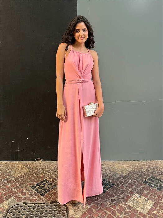 VESTIDO LONGO CREPE FRENTE ÚNICA GOTA CINTURA TRANSPASSADA FENDA FRONTAL ROSÊ