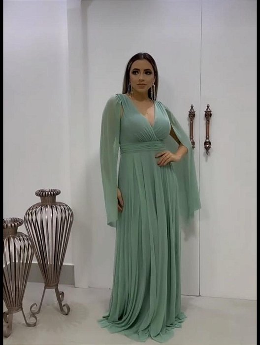 VESTIDO LONGO MICROTULE MANGA CAPA DECOTE TRANSPASSADO VERDE MENTA