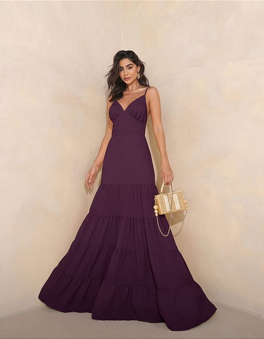 VESTIDO LONGO CREPE BUSTO EM V ALCINHA SAIA CAMADA ROXO MB