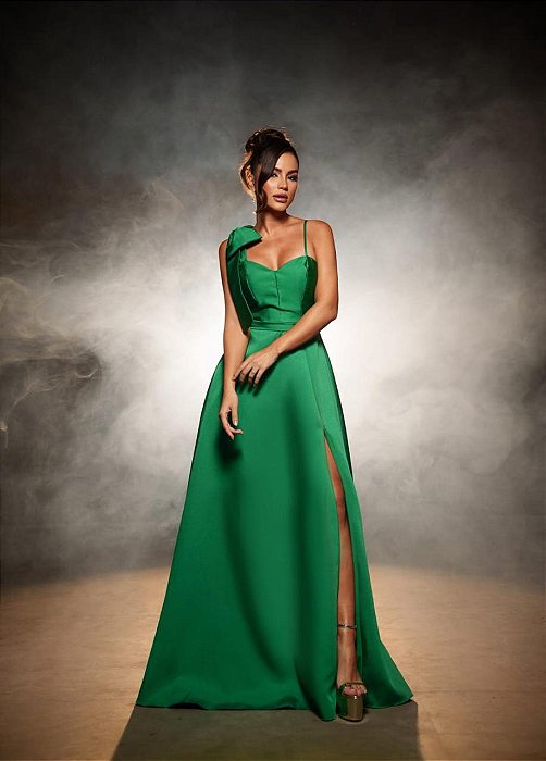 VESTIDO LONGO ZIBELINE ALÇA FINA C/LAÇO REMOVÍVEL CINTO FENDA LATERAL VERDE BANDEIRA