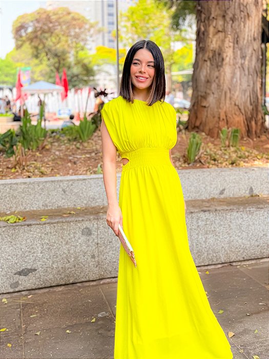 VESTIDO LONGO CHIFFON MANGA PLISSADO RECORTE CINTURA VERDE LIMA