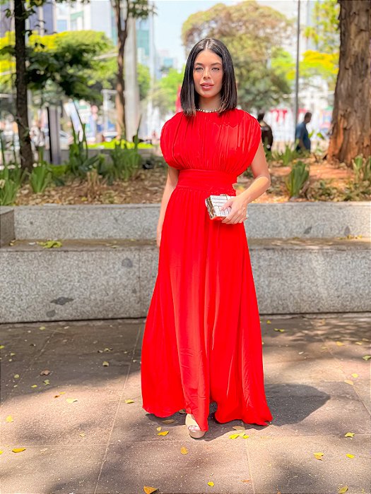 VESTIDO LONGO CHIFON MANGA PLISSADO RECORTE CINTURA VERMELHO