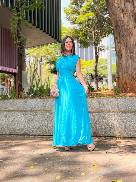 VESTIDO LONGO CHIFFON MANGA PLISSADO RECORTE CINTURA AZUL TURQUESA