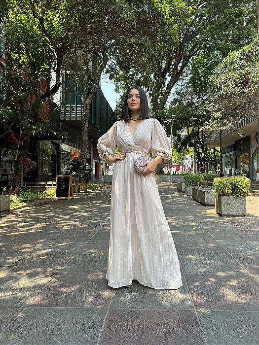 VESTIDO LONGO CHIFFON DECOTE V COM FAIXA MANGA 3/4 NUDE LISTRA BILHO