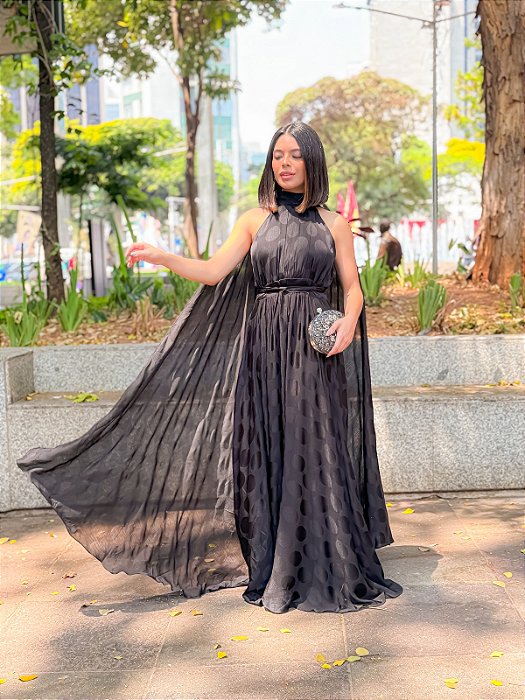 VESTIDO LONGO CHIFFON GOLA ALTA COM CAPA PRETO SHE