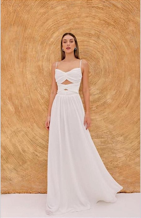 VESTIDO LONGO RECORTES FRONTAL DRAPEADO ALCINHA E CAPA REMOVÍVEL BRANCO