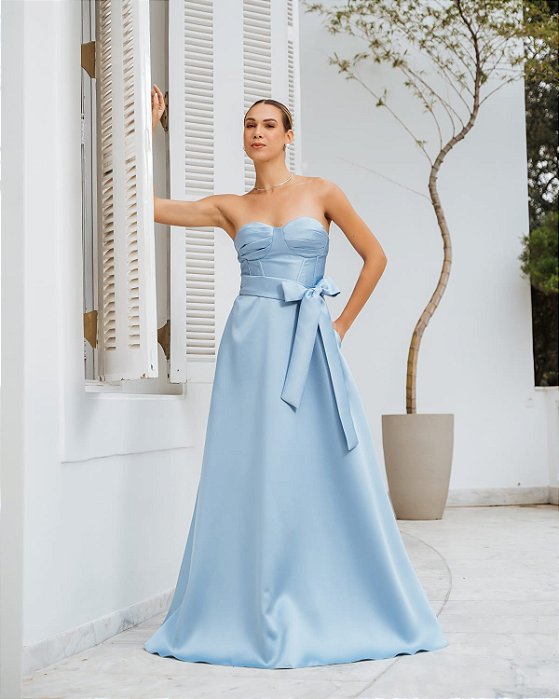 VESTIDO LONGO ZIBELINE TOMARA QUE CAIA CORPETE DRAPEADO COM FAIXA PARA AMARRAR AZUL SERENITY