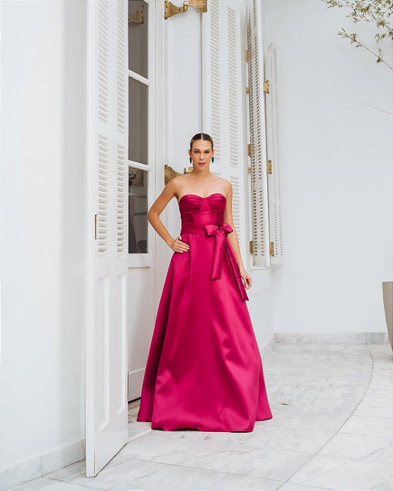 VESTIDO LONGO ZIBELINE TOMARA QUE CAIA CORPETE DRAPEADO COM FAIXA PARA AMARRAR FUCSIA