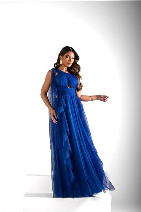 VESTIDO LONGO MICROTULE UM OMBRO SO COM AMARRAÇÃO BABADO SAIA ASSIMETRICO AZUL ROYAL