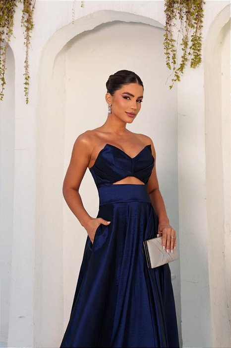VESTIDO LONGO ZIBELINE TOMARA QUE CAIA DRAPEADO E RECORTE NO BUSTO COM FENDA AZUL MARINHO