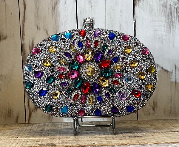 CLUTCH PRATA STRASS E PEDRAS COLORIDAS
