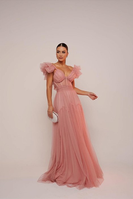 VESTIDO LONGO MICROTULE ESTILO CORPETE COM ALÇA BUFANTE ROSÊ