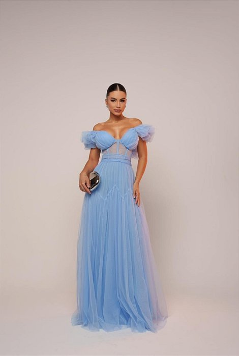 VESTIDO LONGO MICROTULE ESTILO CORPETE COM ALÇA BUFANTE AZUL SERENITY