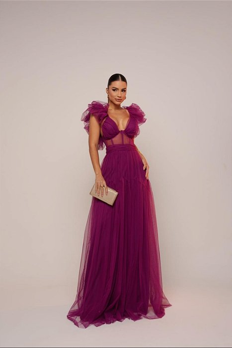 VESTIDO LONGO MICROTULE ESTILO CORPETE COM ALÇA BUFANTE FUCSIA