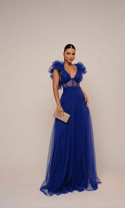 VESTIDO LONGO MICROTULE ESTILO CORPETE COM ALÇA BUFANTE AZUL ROYAL
