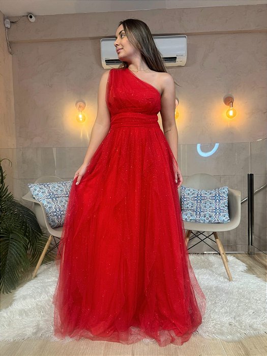 VESTIDO LONGO MICROTULE COM BRILHO UM OMBRO SÓ COM DETALHE DRAPEADO NA CINTURA SAIA BABADO VERTICAL VERMELHO