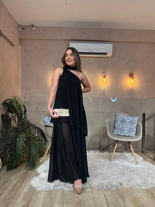 VESTIDO LONGO CHIFON COM TOQUE DE SEDA OMBRO SÓ COM DETALHE PESCOÇO CAM PRETO