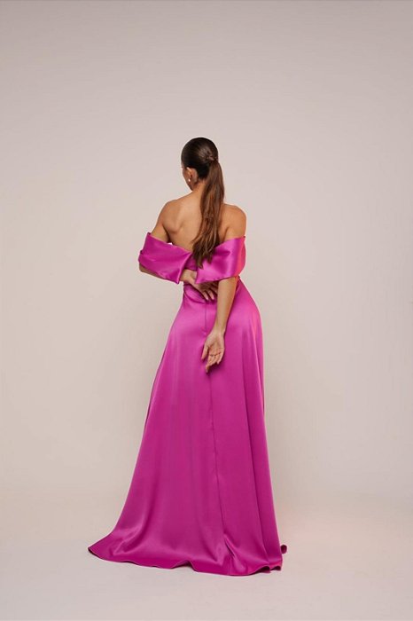 VESTIDO LONGO ACETINADO OMBRO A OMBRO BUSTO DRAPEADO BABADO COM FENDA PINK
