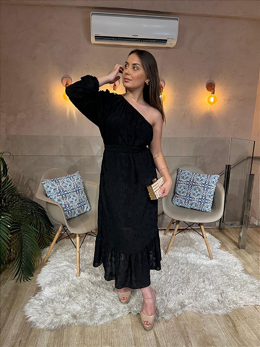 VESTIDO NEW MIDI UM OMBRO SÓ MANGA LONGA COM FAIXA DE AMARRAÇÃO PRETO