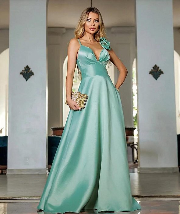 VESTIDO LONGO ZIBELINE DECOTE V ALCINHA COM FLOR REMOVÍVEL VERDE MENTA