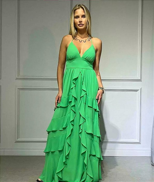 VESTIDO LONGO CHIFFON DECOTE V ALCINHA AMARRAÇÃO SAIA BABADOS VERDE BANDEIRA