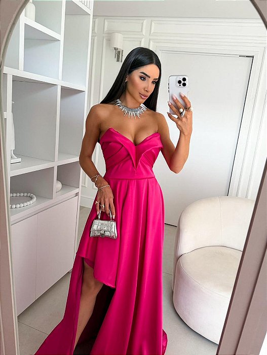 VESTIDO LONGO PLANO PRADA TOMARA QUE CAIA DRAPEADO SAIA MULLET ASSIMÉTRICO PINK