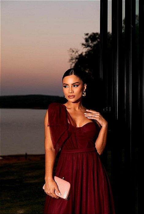 VESTIDO LONGO MICROTULE ALÇA FINA ESTILO CORPETE LAÇO MARSALA AF