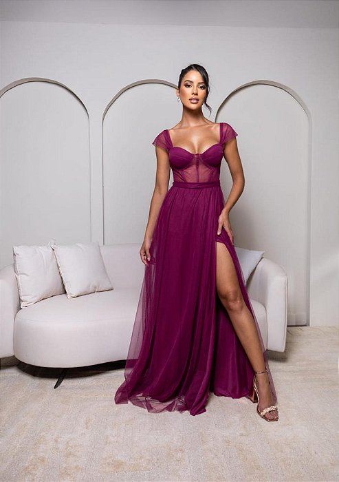 VESTIDO LONGO MICROTULE ALÇA LARGA COM TRANSPARENCIA CORPETE FUCSIA AF