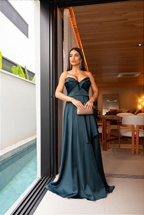 VESTIDO LONGO PLANO PRADA TOMARA QUE CAIA DRAPEADO SAIA MULLET ASSIMÉTRICO VERDE FLORESTA