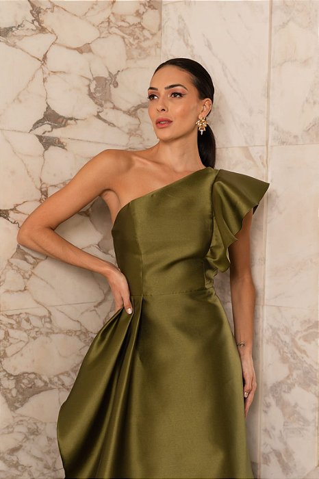 VESTIDO LONGO ZIBELINE UM OMBRO SÓ E FENDA COM BABADO VERDE OLIVA