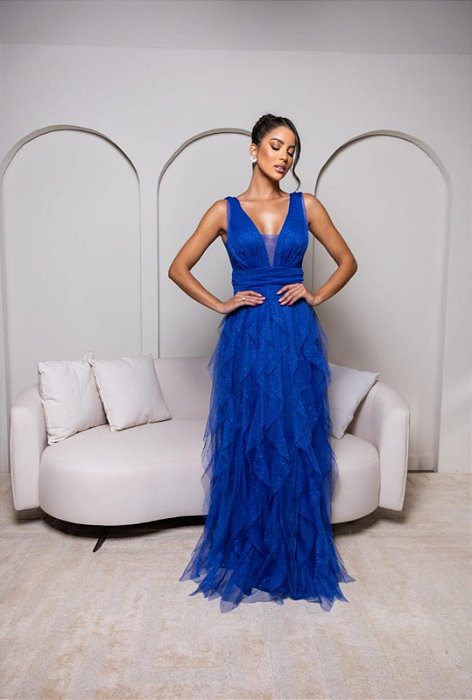 VESTIDO LONGO MICROTULE COM BRILHO SAIA EM CAMADAS VERTICAIS ALÇA LARGA AZUL ROYAL