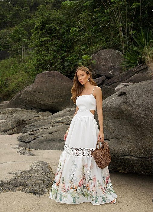 VESTIDO LONGO LINHO RECORTES LATERAIS ALCINHA SAIA DETALHE RENDA E FLORAL BRANCO