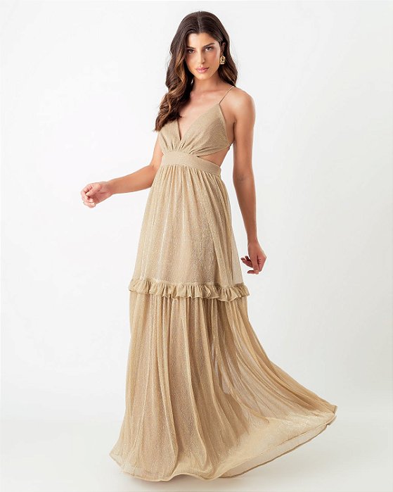 VESTIDO LONGO LUREX COSTA NUA E BABADO SAIA BN DOURADO