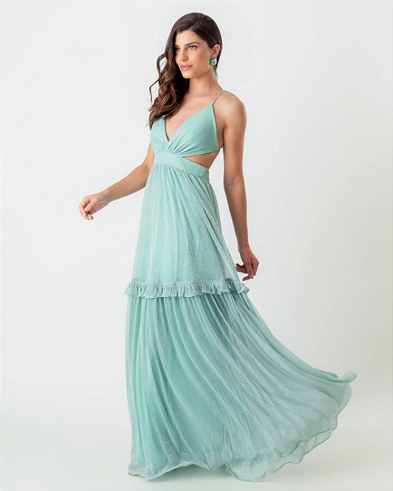 VESTIDO LONGO LUREX COSTA NUA E BABADO SAIA BN VERDE TIFANY