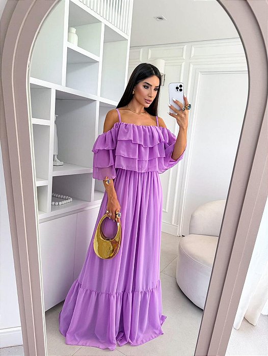 VESTIDO LONGO CHIFON BABADOS BUSTO MEIA MANGA E ALÇA FINA JML LILAS